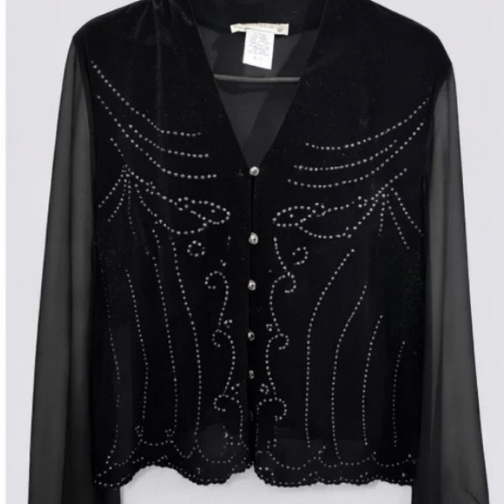Vintage 90s Black Sheer Rhinestone Button-Up Top Women’s 14P